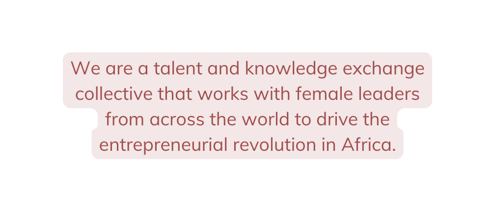 We are a talent and knowledge exchange collective that works with female leaders from across the world to drive the entrepreneurial revolution in Africa